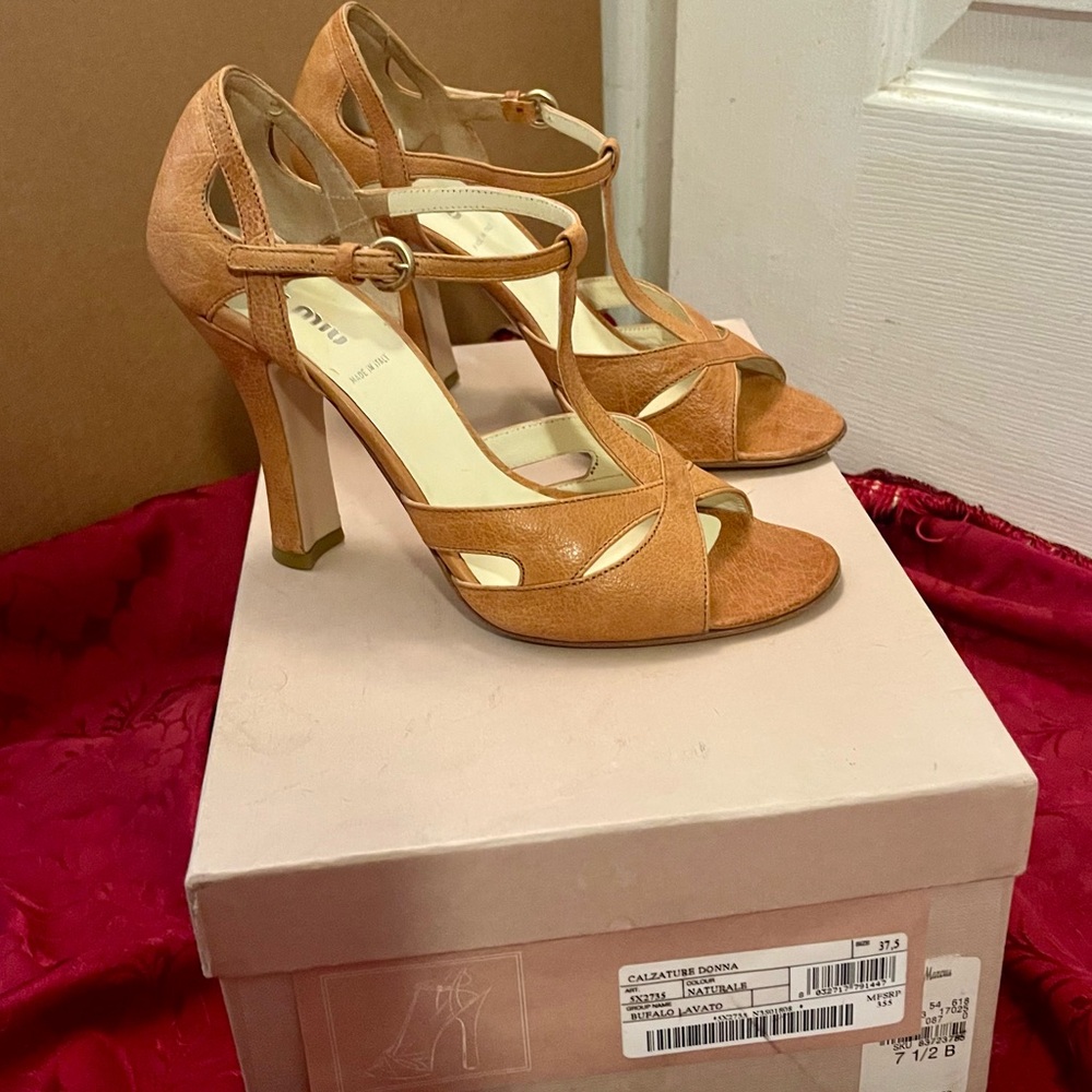 Miu Miu T-Strap, Open Toe, Naturale Leather Shoes - Sz 7.5 - Picture 8 of 11